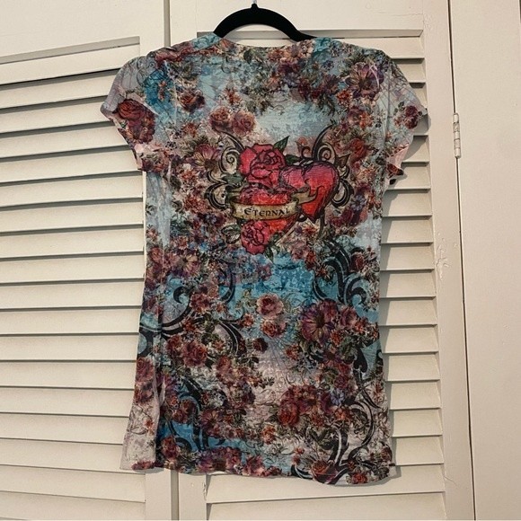 Y2K Ariella size Large Allover Print Rose Rhinestone Colorful Baby Tee - Picture 5 of 8